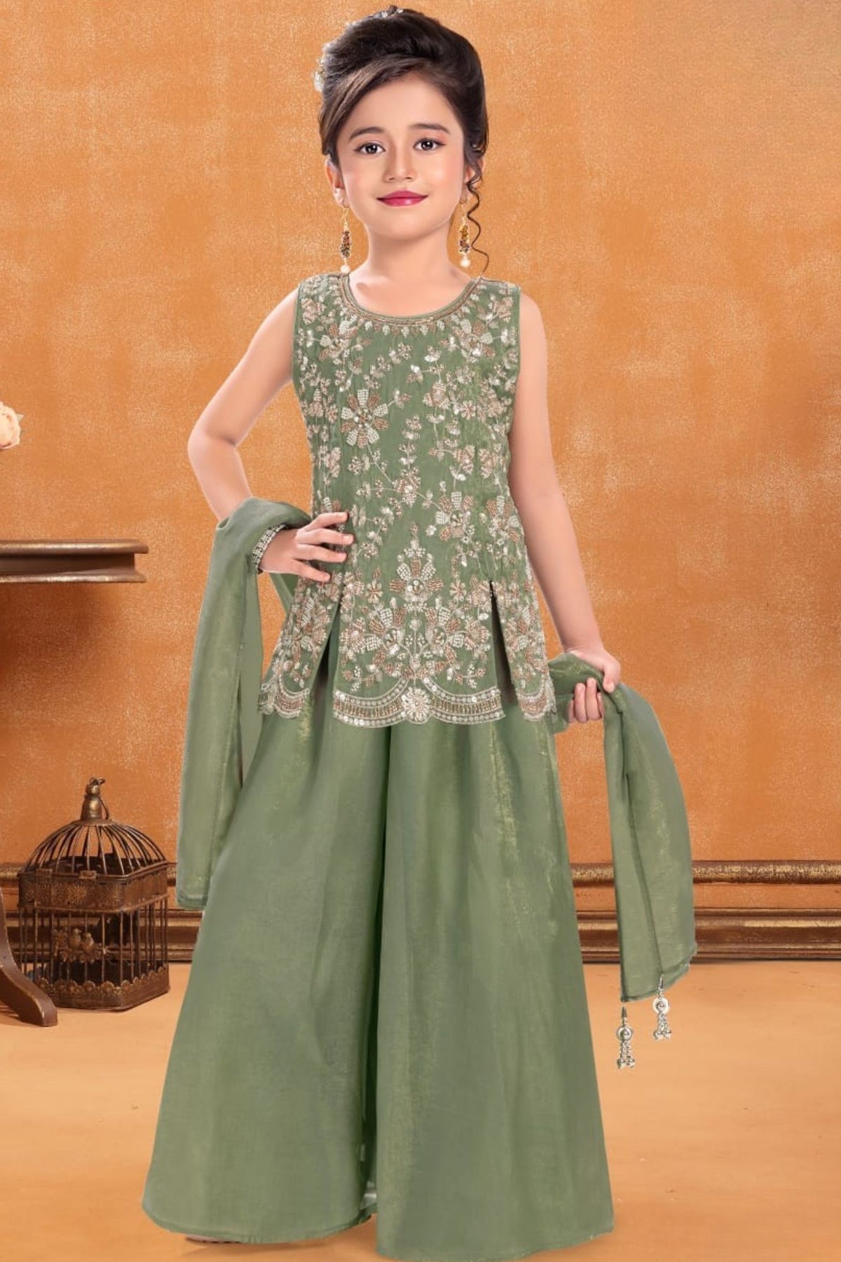 Girls Green Silver Floral Embroidered Palazzo Set With Dupatta