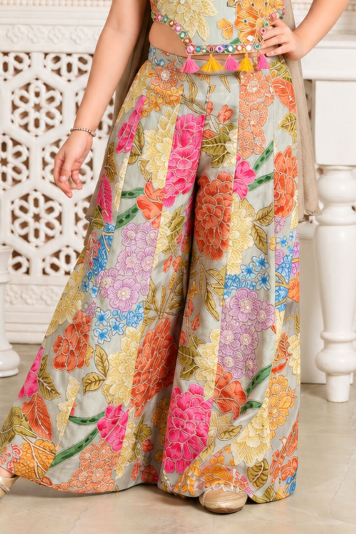 Girls Elegant Grey Multicolor Floral Printed With Mirror Work Embroidered Palazzo Set