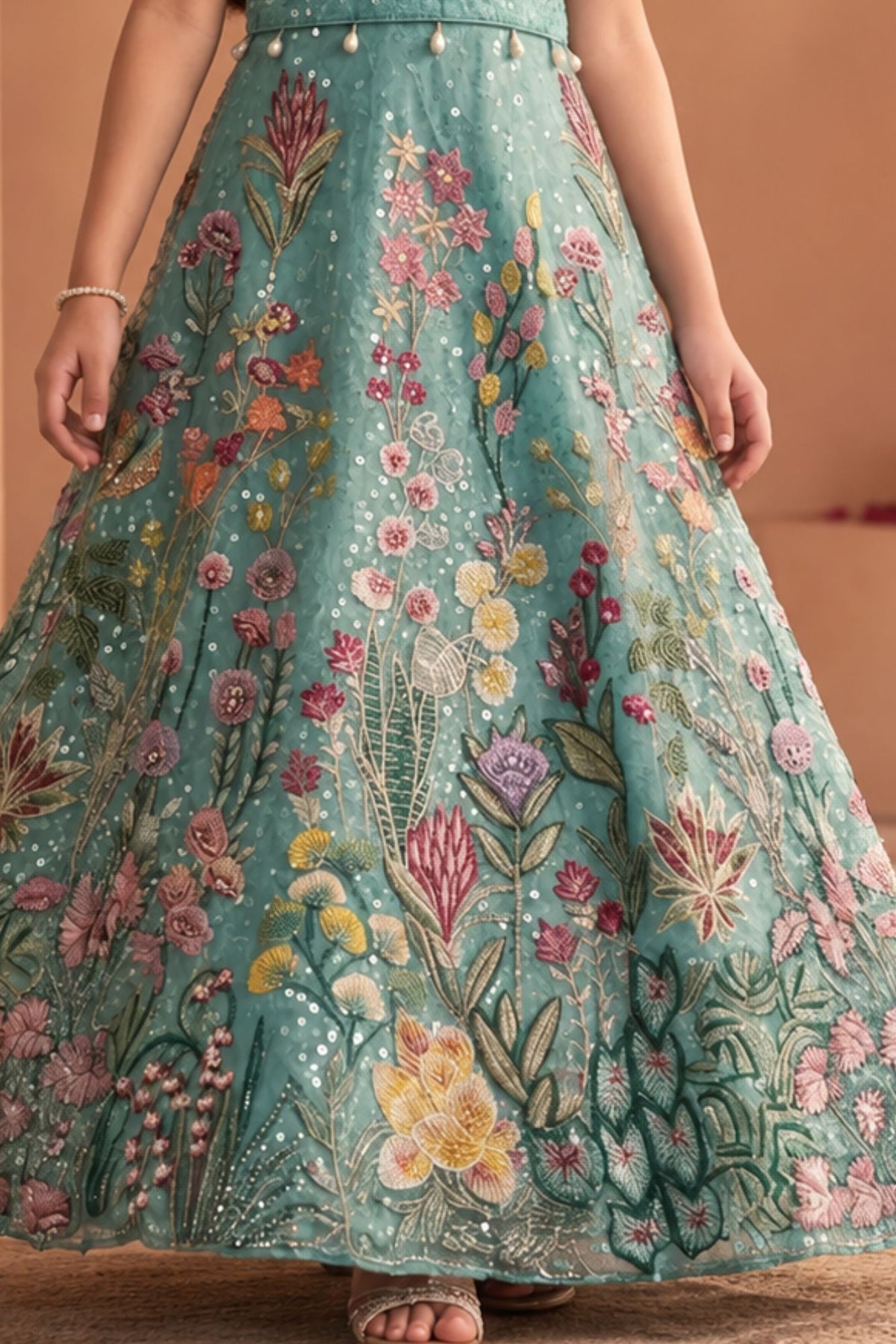 Blue Floral Embroidered Gown For Girls