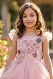 Girls Blush Pink Floral Embellished Layered Party Wear Gown