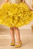 Girls Yellow Sequin Ruffle Party Wear Frock