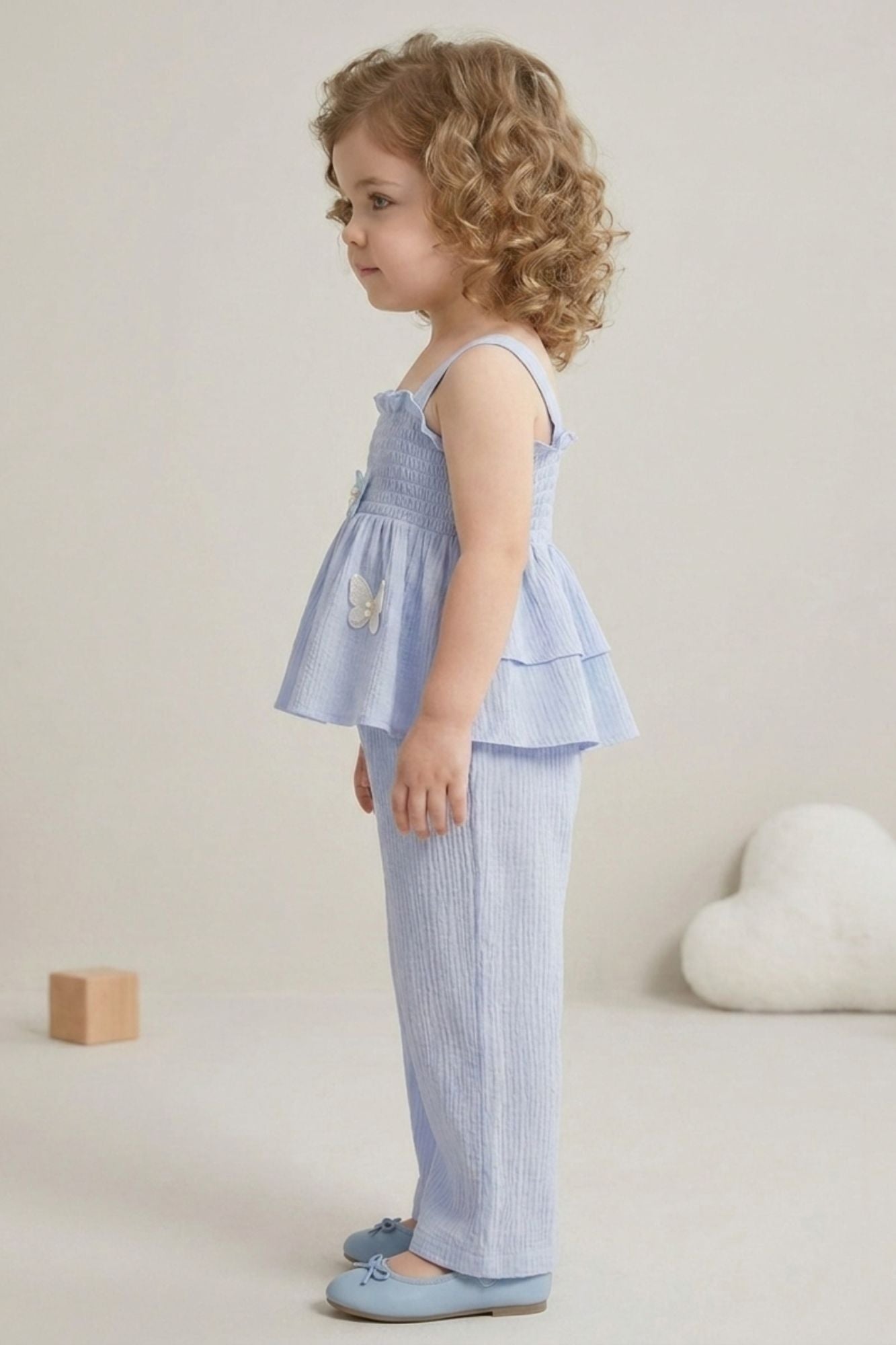 Girls Blue Smocked Ruffle Top with Wide-Leg Pants Co-Ord Set