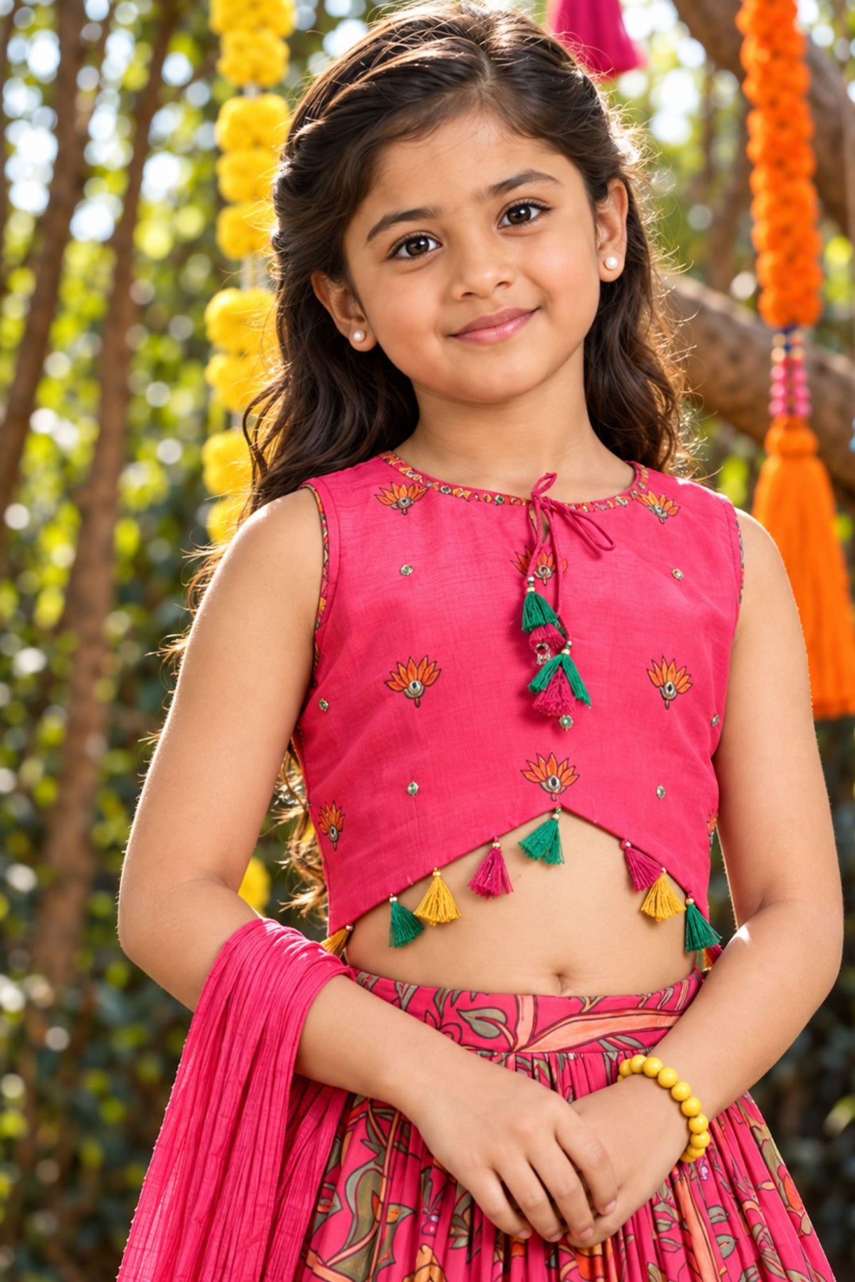 Girls Rani Pink Floral Printed Lehenga Choli With Dupatta