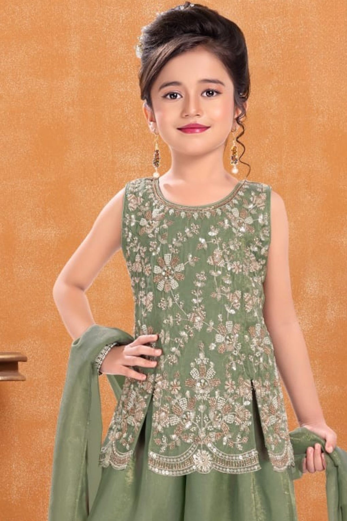 Girls Green Silver Floral Embroidered Palazzo Set With Dupatta
