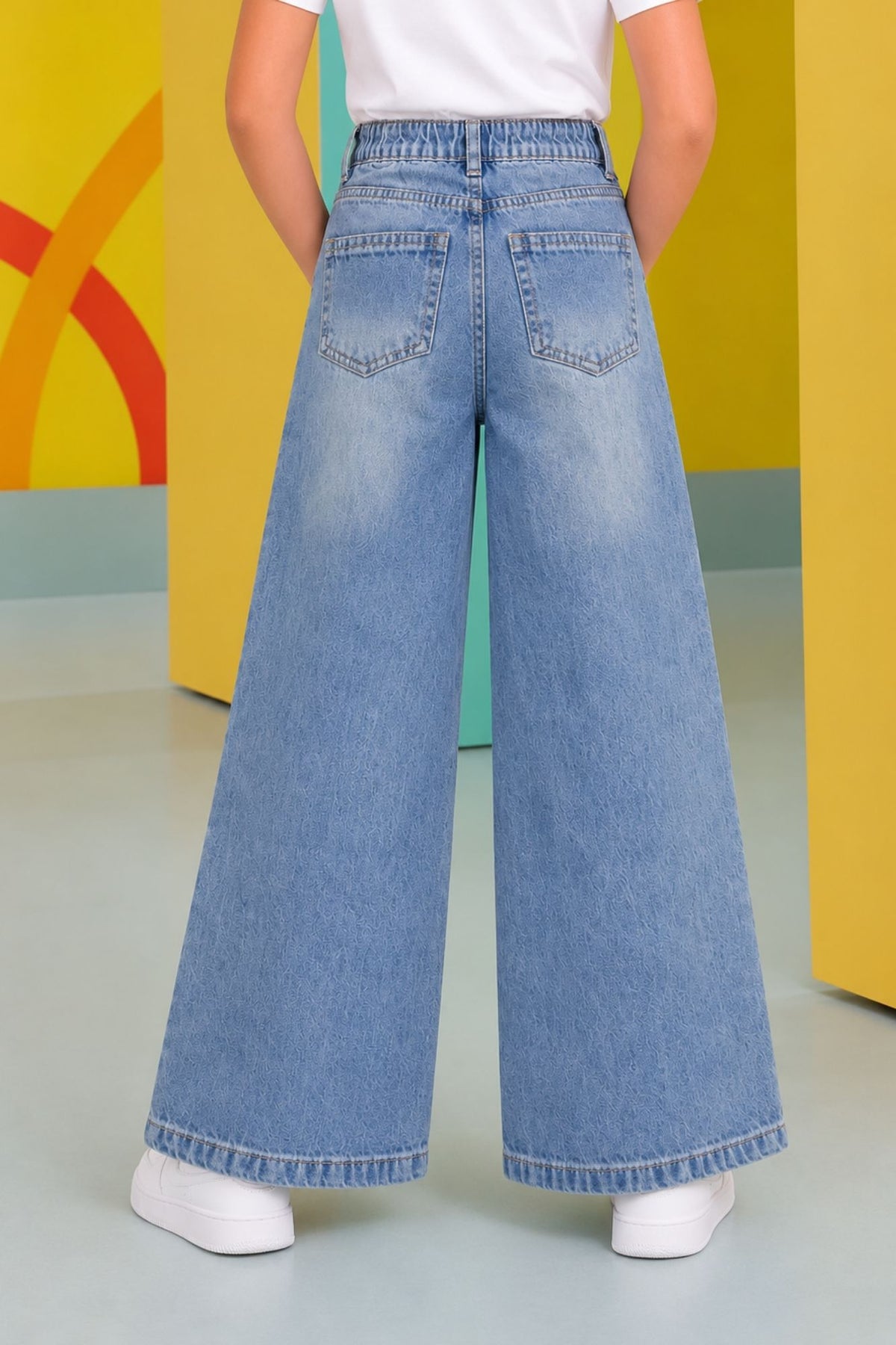 Blue Bow Embellished Straight Fit Stone Washed Jeans For Girls