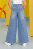 Blue Bow Embellished Straight Fit Stone Washed Jeans For Girls