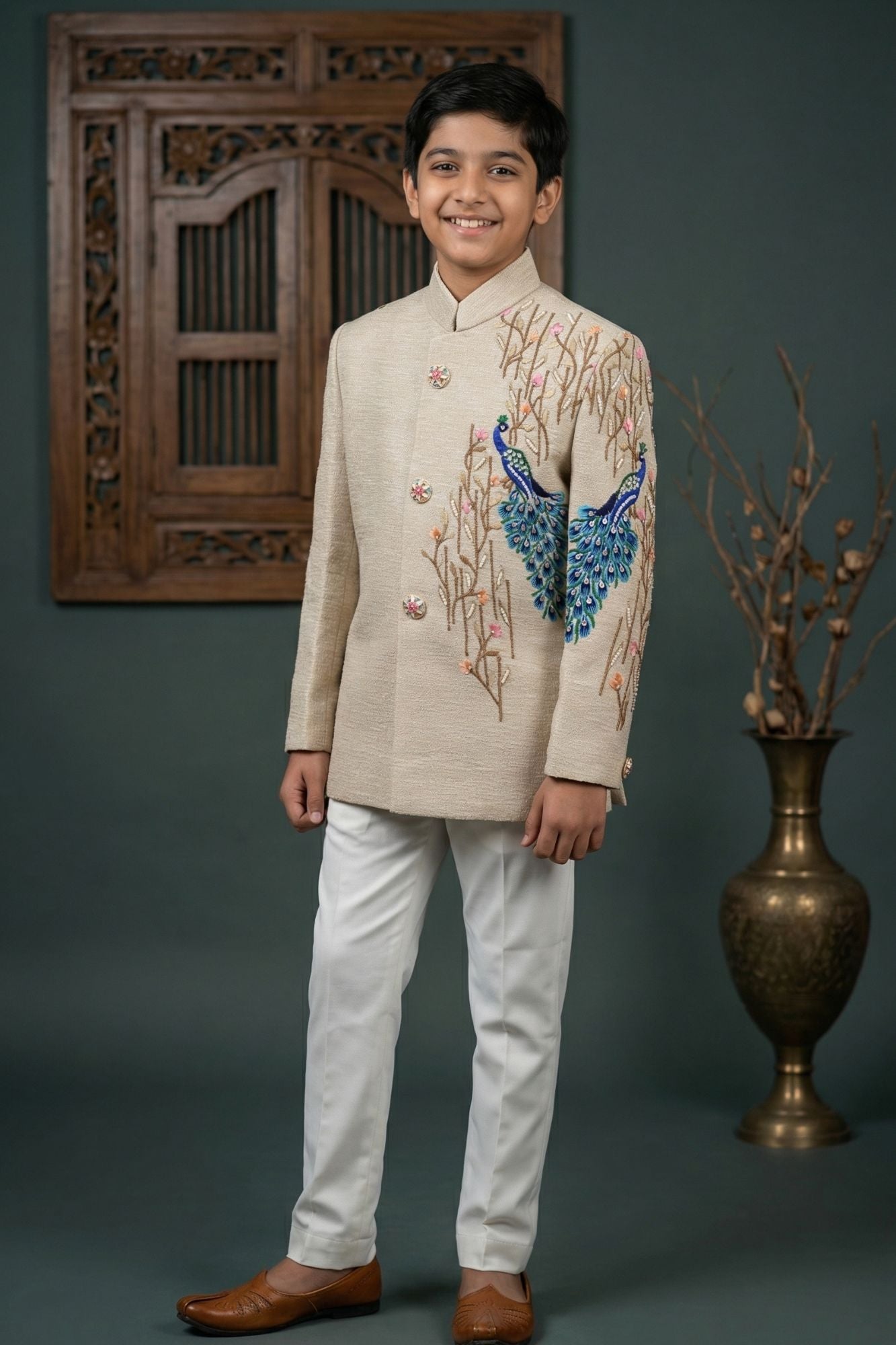 Boys Beige Jodhpuri Suit with Peacock Embroidery