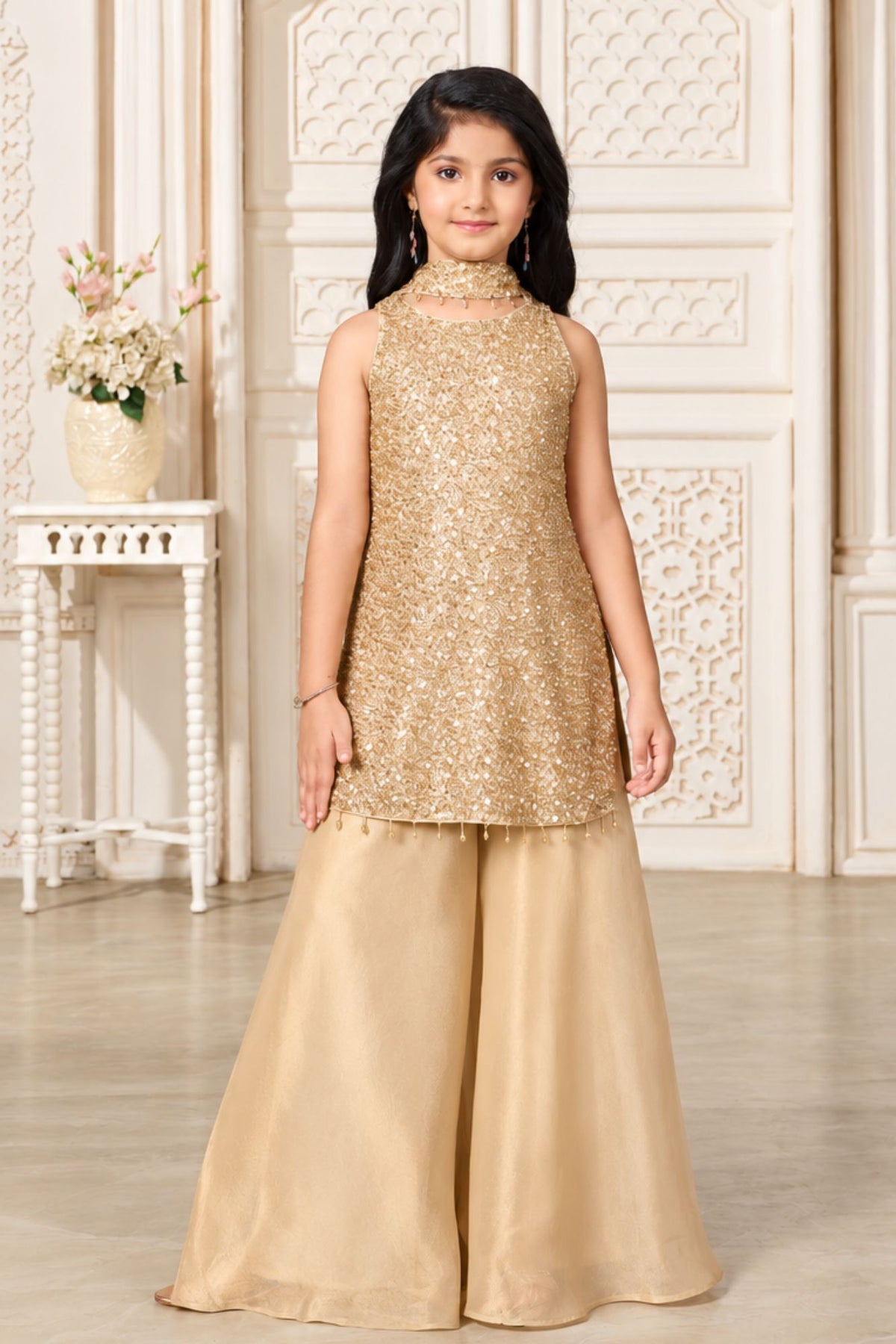 Girls Elegant Champagne Gold Densely Sequin Embellished Palazzo Set