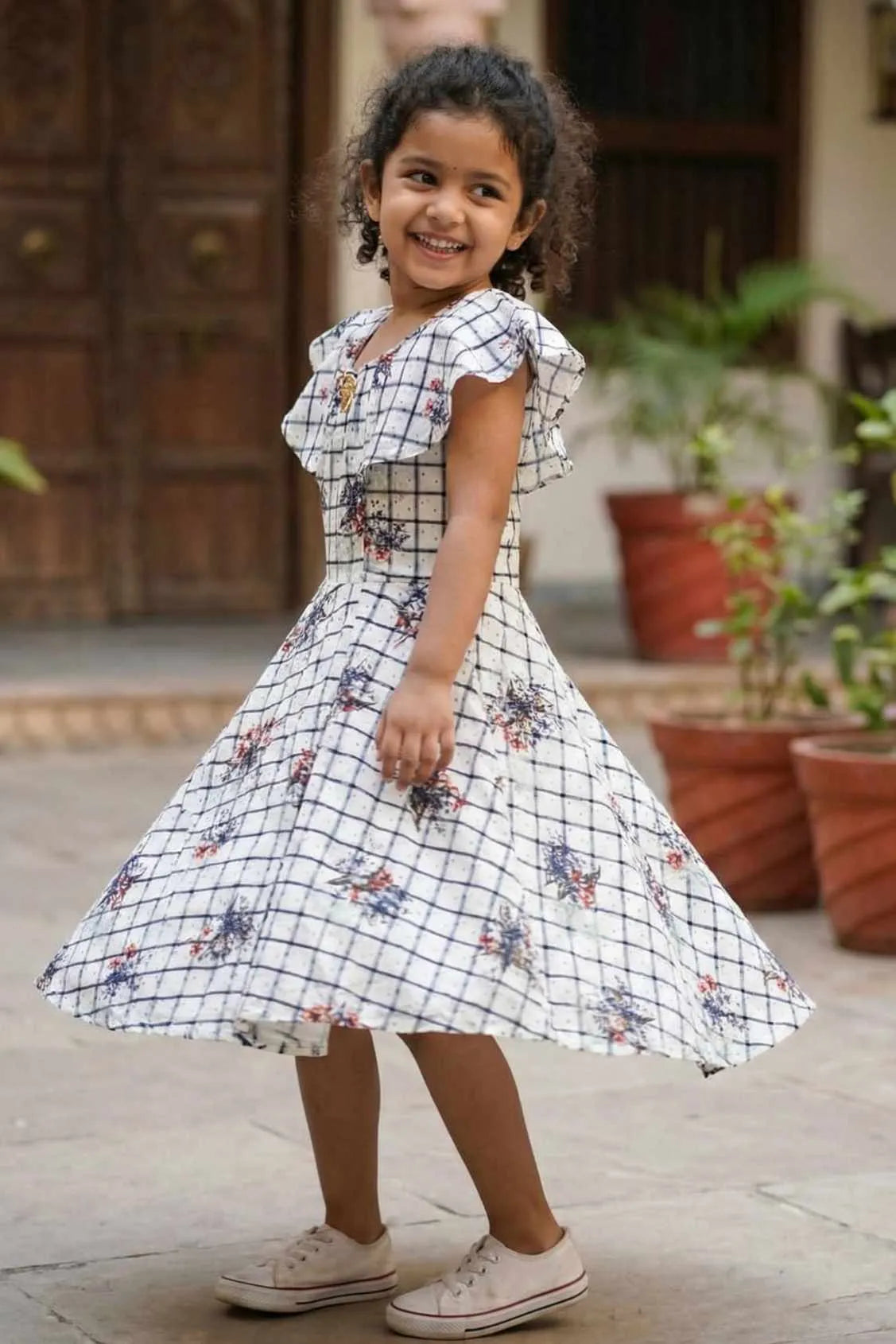 White Checkered Floral Print Frock For Girls