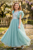 Girls Aqua Blue Sequin Embellished Asymmetric Ruffle Party Wear Gown