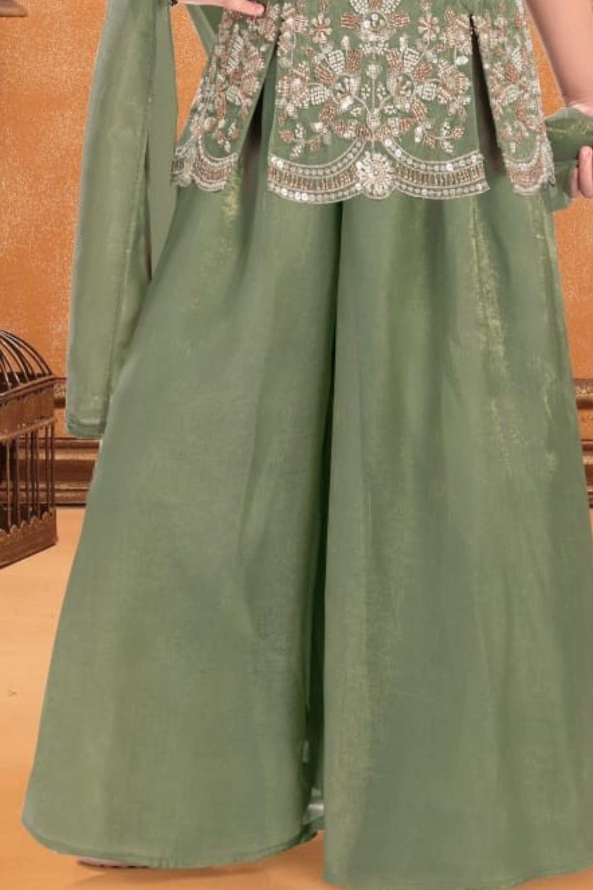 Girls Green Silver Floral Embroidered Palazzo Set With Dupatta