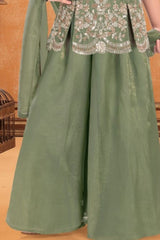 Girls Green Silver Floral Embroidered Palazzo Set With Dupatta