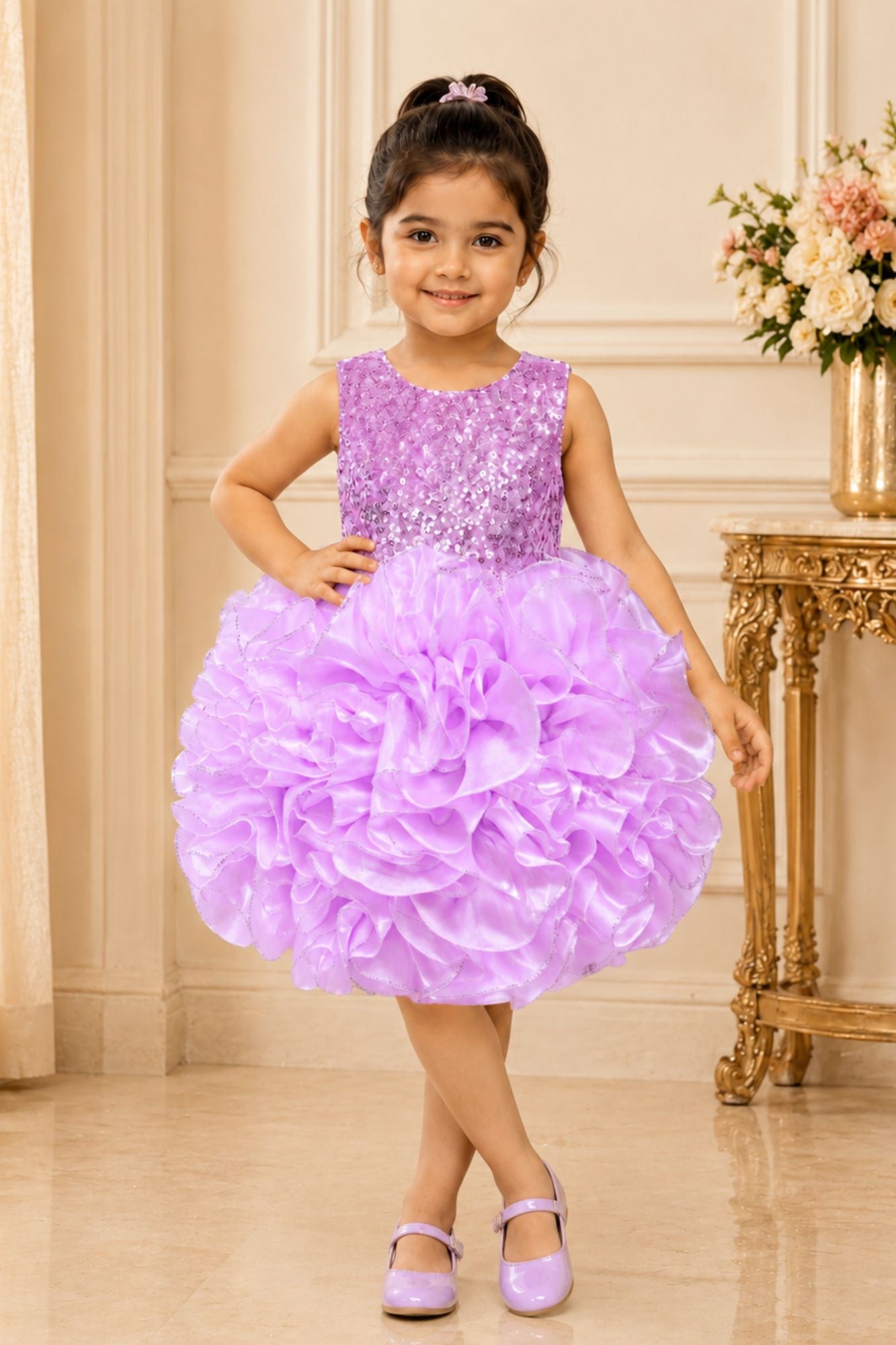 Girls Lavender Sequin Ruffle Party Wear Frock