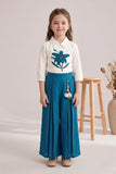 Girls White Floral Embroidered Top with Teal Green Pleated Palazzo Pants Set