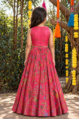 Girls Rani Pink Floral Printed Lehenga Choli With Dupatta