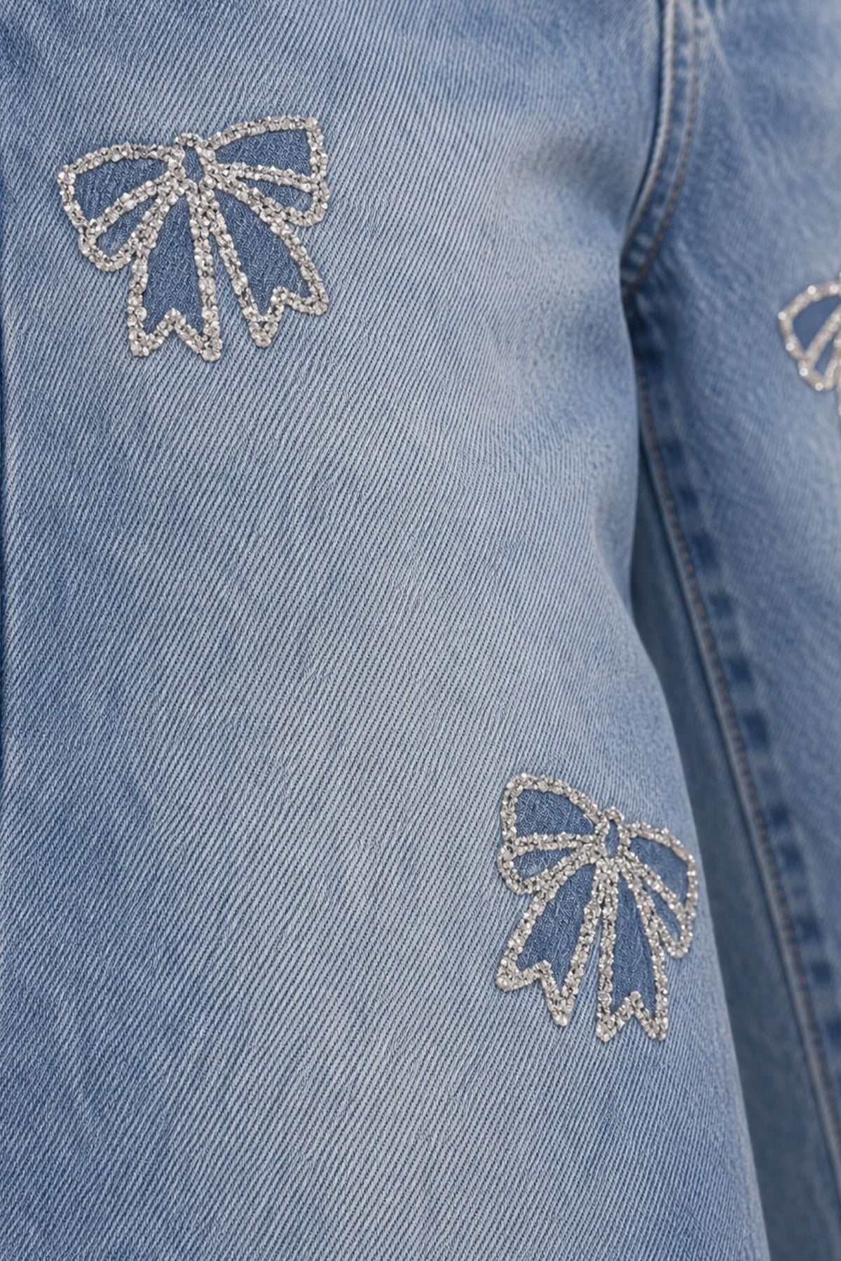 Blue Bow Embellished Straight Fit Stone Washed Jeans For Girls