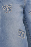 Blue Bow Embellished Straight Fit Stone Washed Jeans For Girls