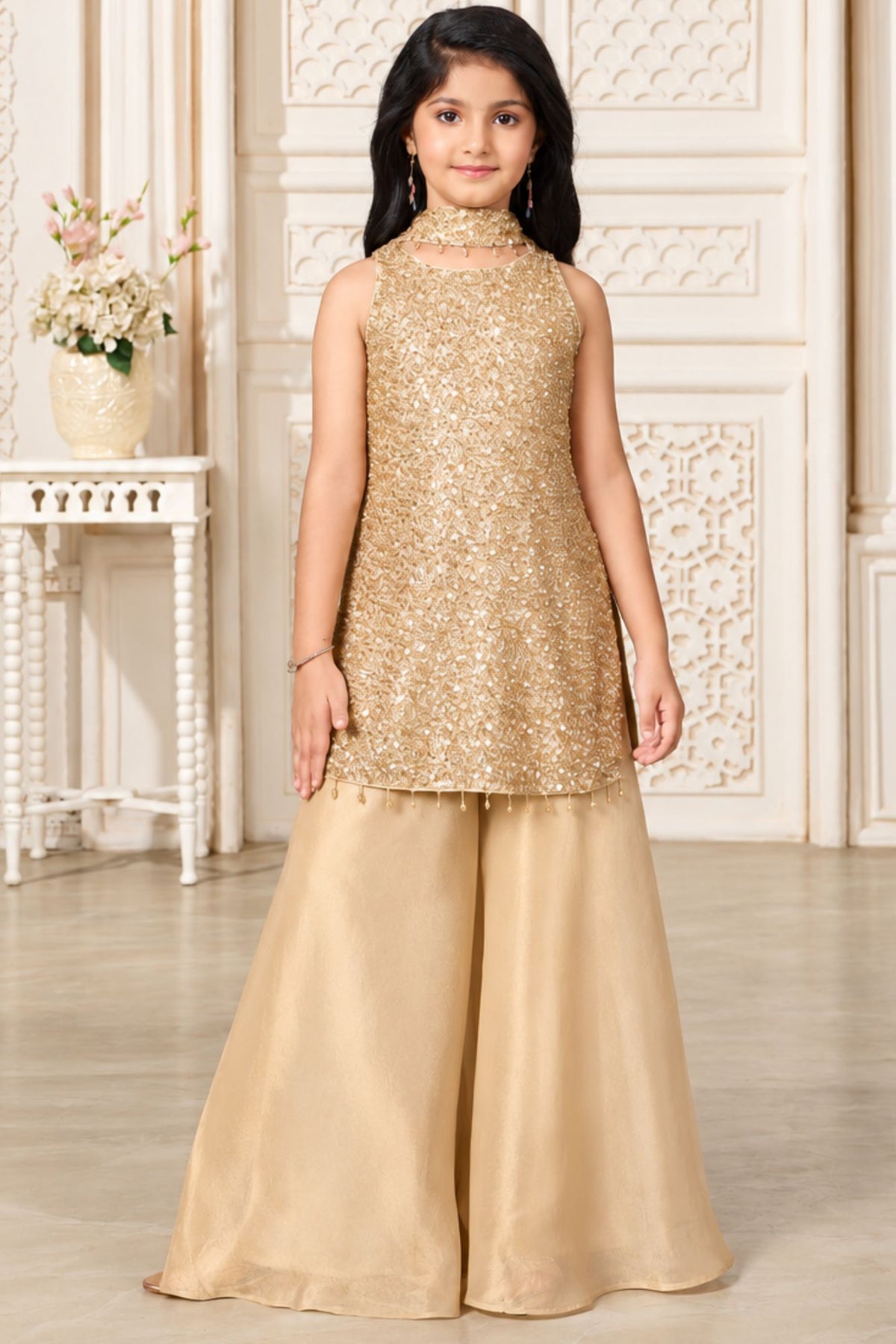 Girls Elegant Champagne Gold Densely Sequin Embellished Palazzo Set