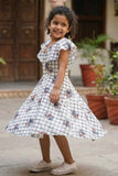 White Checkered Floral Print Frock For Girls
