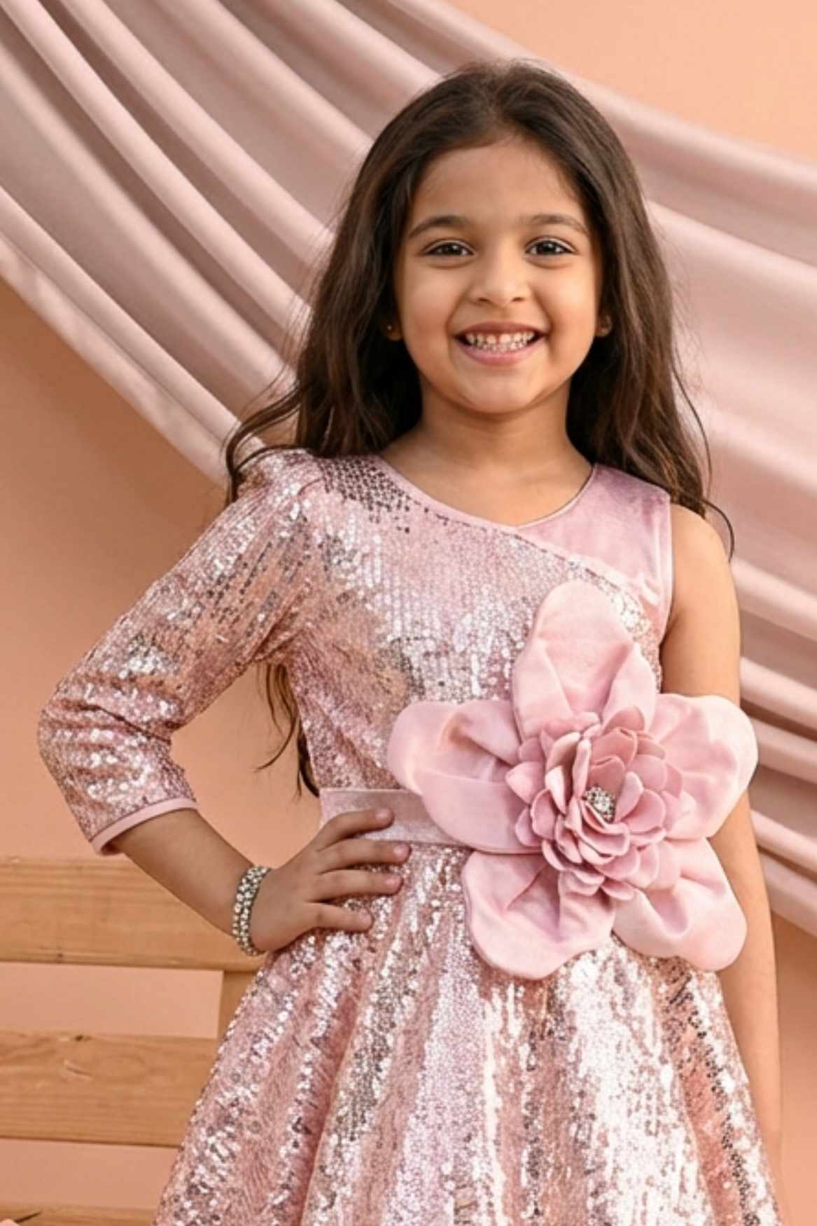 Blush Pink One-Shoulder Sequin Party Frock with 3D Floral Waist Applique For Girls