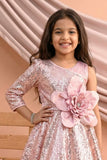 Blush Pink One-Shoulder Sequin Party Frock with 3D Floral Waist Applique For Girls
