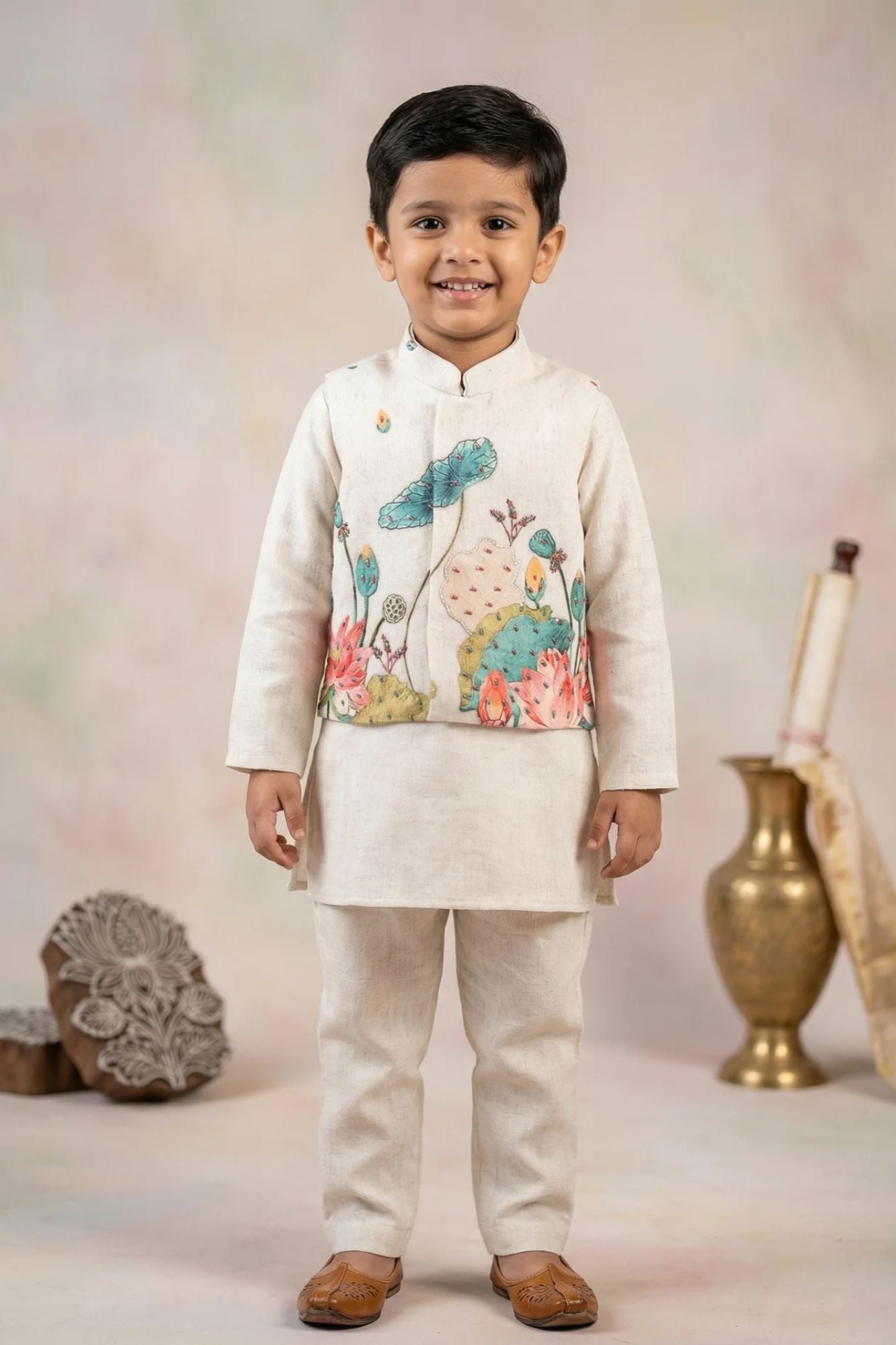 Beige Kurta Set With Floral Printed Nehru Jacket For Boys