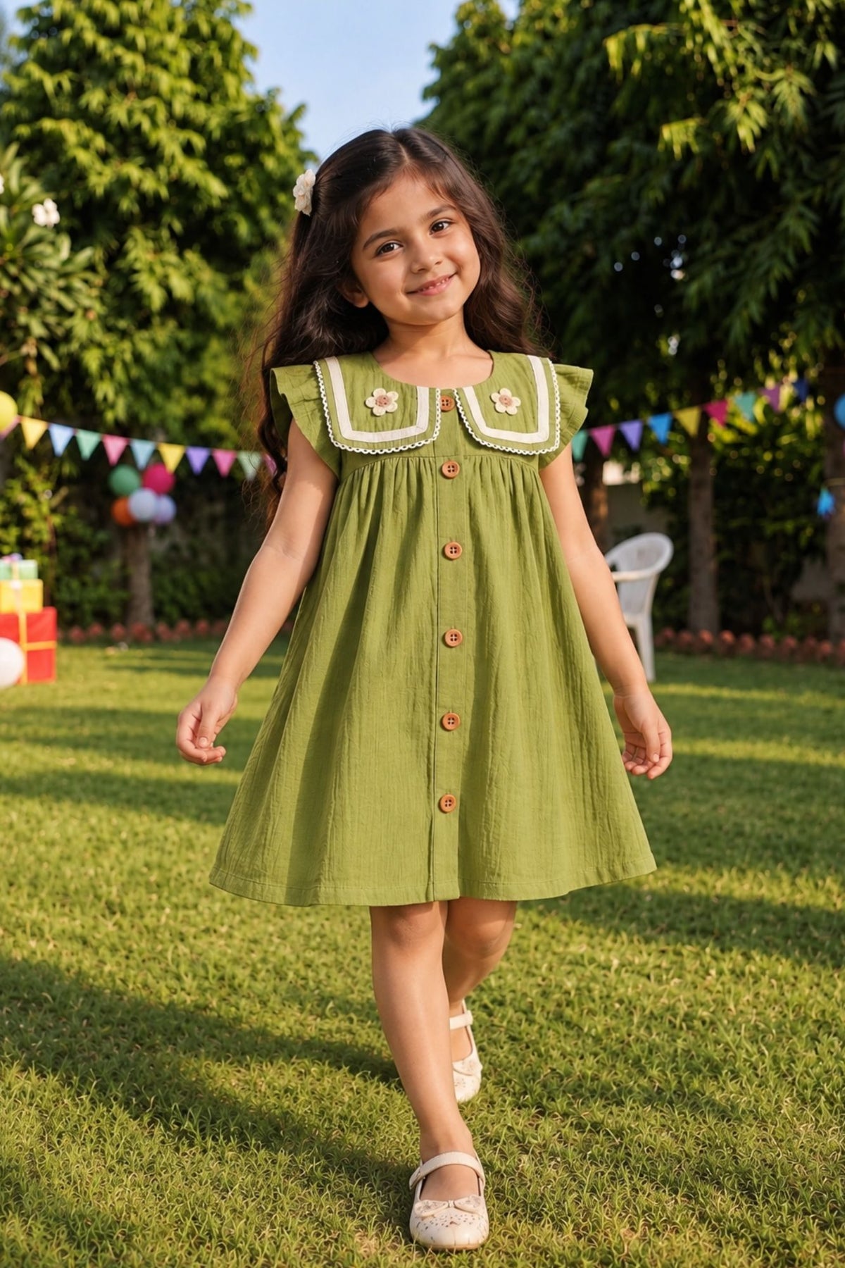 Girls Green Crochet Flower Sailor Collar Dress
