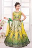 Yellow & Green Ombre Lehenga Choli with Peacock Embroidery and Dupatta For Girls