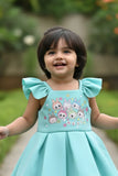 Aqua Blue Cartoon Printed Party Frock For Girls