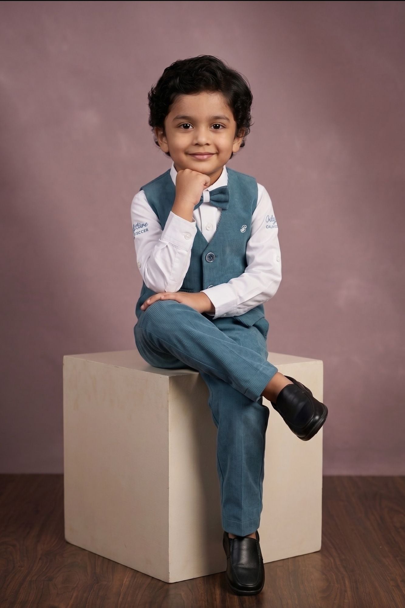 Boys Dusty Blue Waistcoat Suit Set with Bow Tie