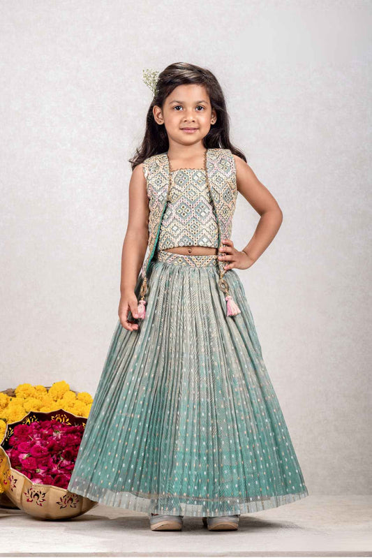 Pista Green Lehenga Choli With Mirror Work For Girls