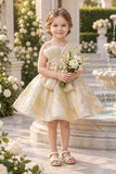 Girls Ivory And Gold Organza Party Frock with Statement Bow
