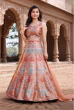 Peach Floral Printed Lehenga Choli With Dupatta For Girls