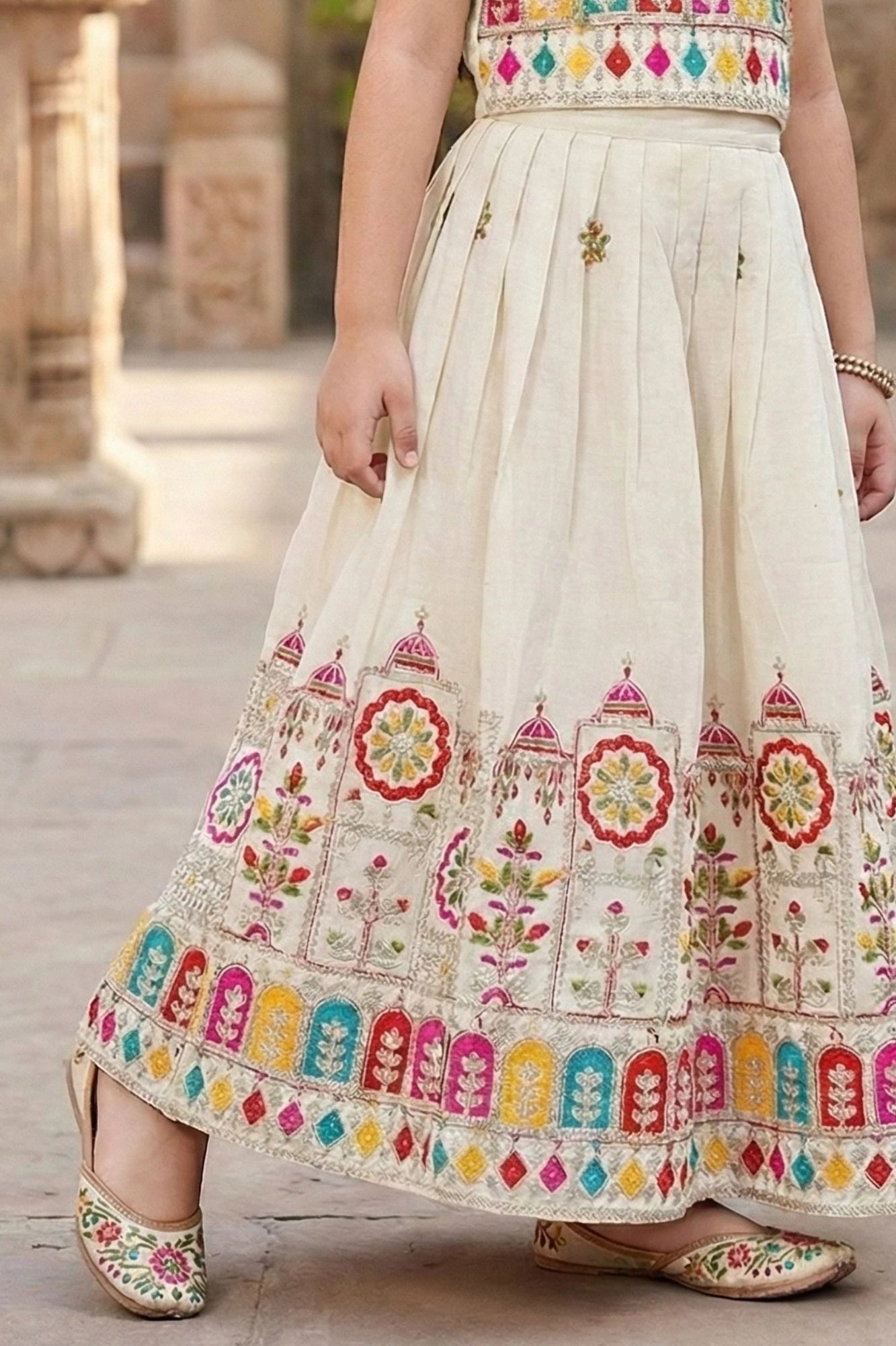 Elegant Cream With Multicolor Embroidered Lehenga Choli Set For Girls