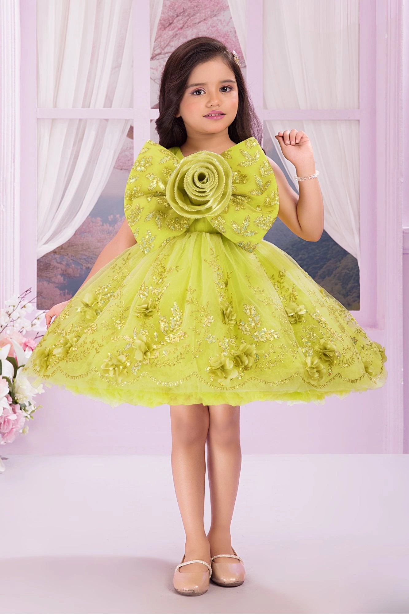 Mustard Green Glitter Party Frock with 3D Floral Bow For Girls