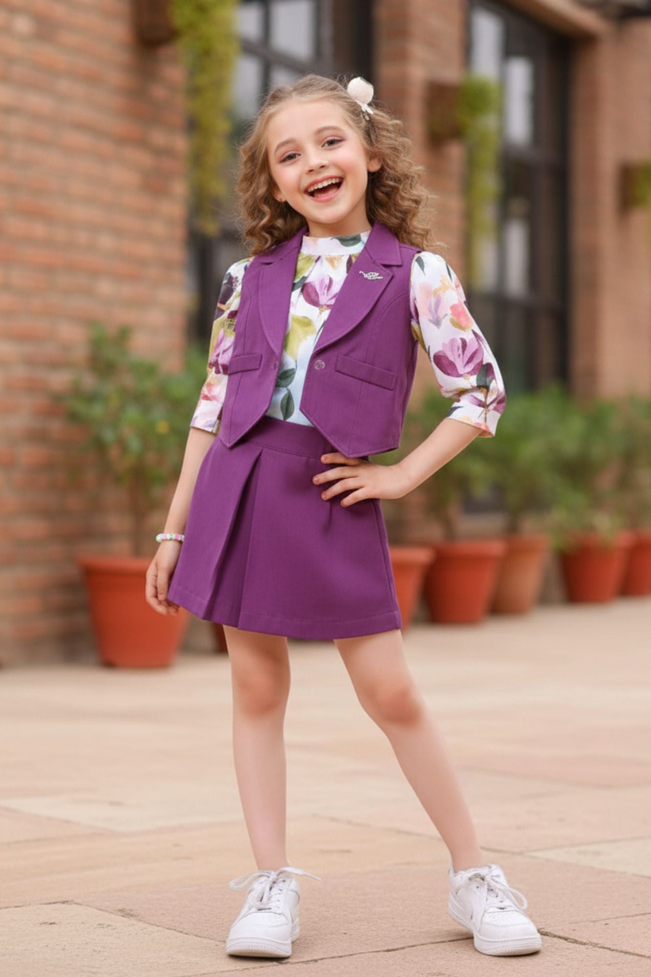 طقم جاكيت وتنورة بنفسجي مع توب مطبوع عليه زهور للبنات