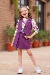 Purple Waist Coat And Skirt With Floral Printed Top Set For Girls