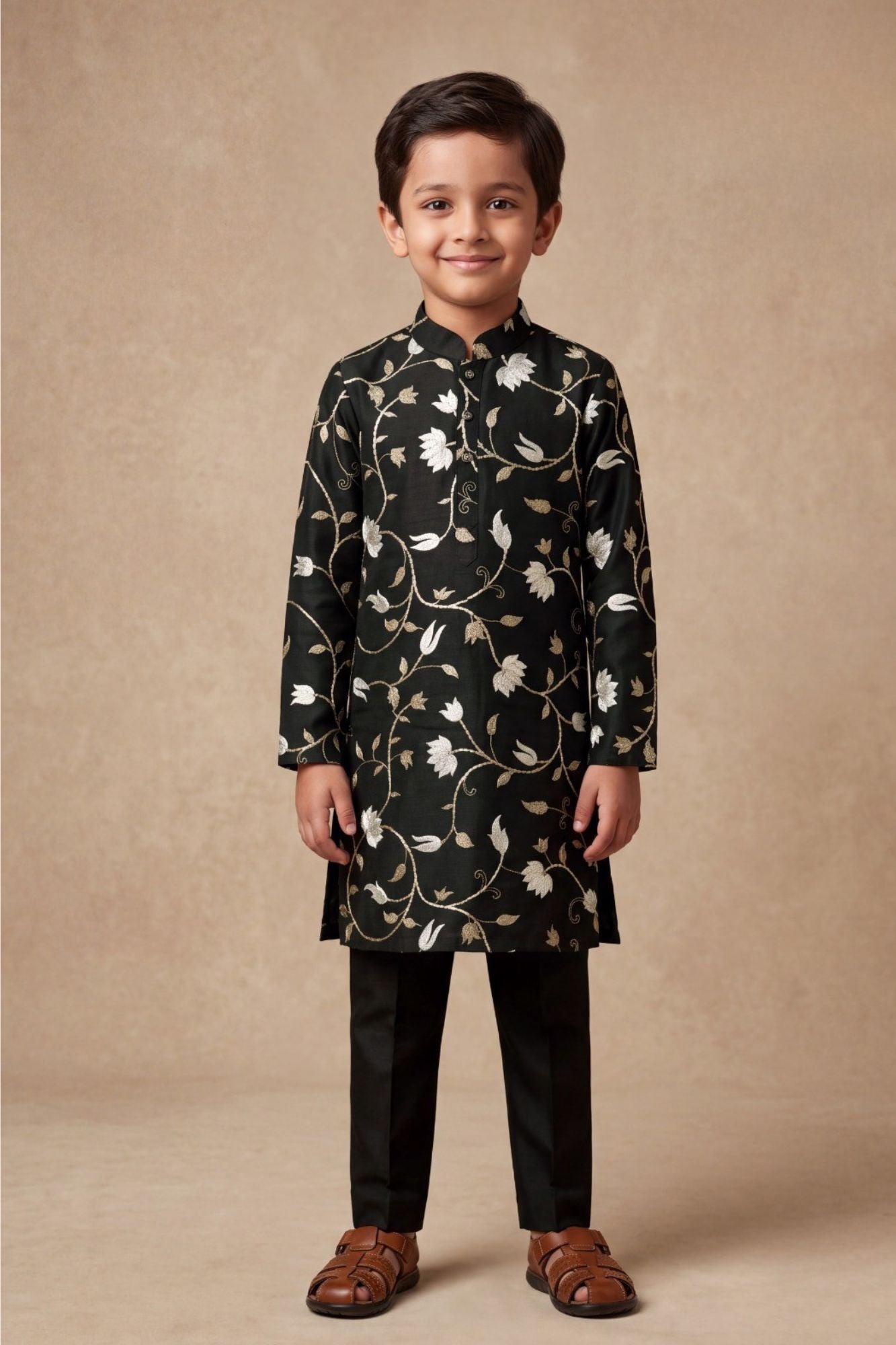 Boys Black Kurta Pajama Set with Floral Gota Patti And Sequin Work