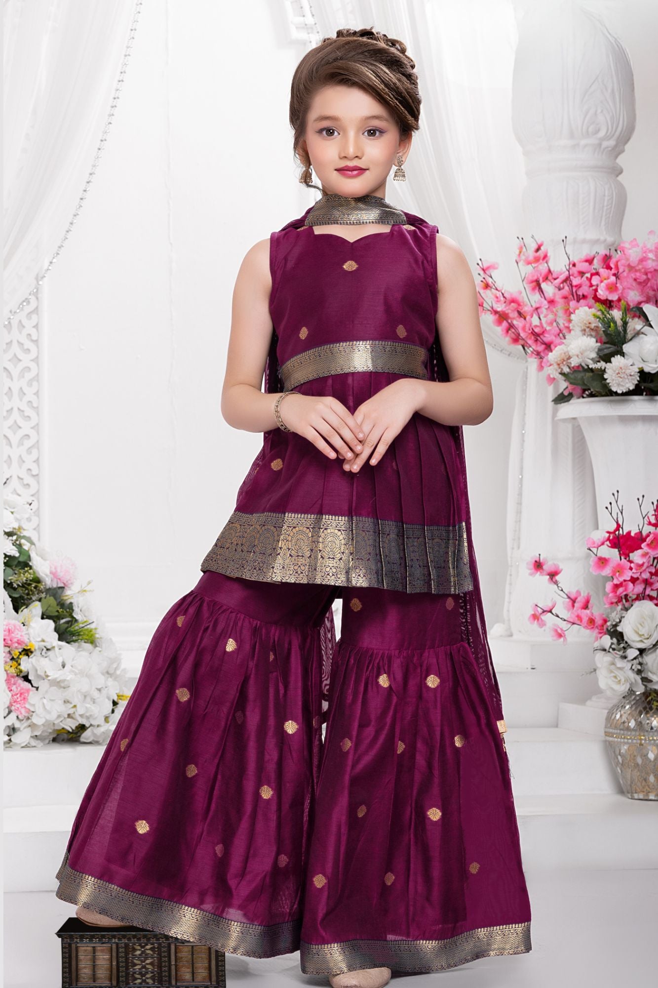 Wine Zari Woven Palazzo Set with Dupatta for Girls