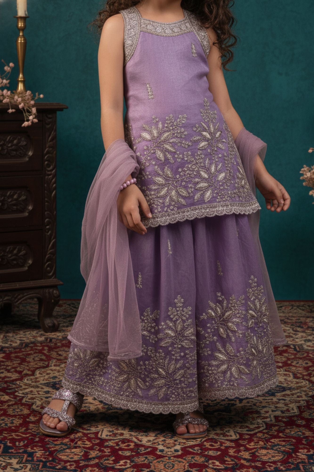 Royal Lavender Sequins Work With Thread Embroidery For Palazzo Set For Girls