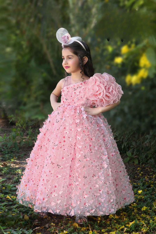 Pink Sleeveless Butterfly Embellished Gown For Girls