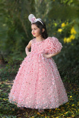 Pink Sleeveless Butterfly Embellished Gown For Girls