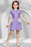 Purple Dress With Front Buttons And Floral Patch Pockets For Girls