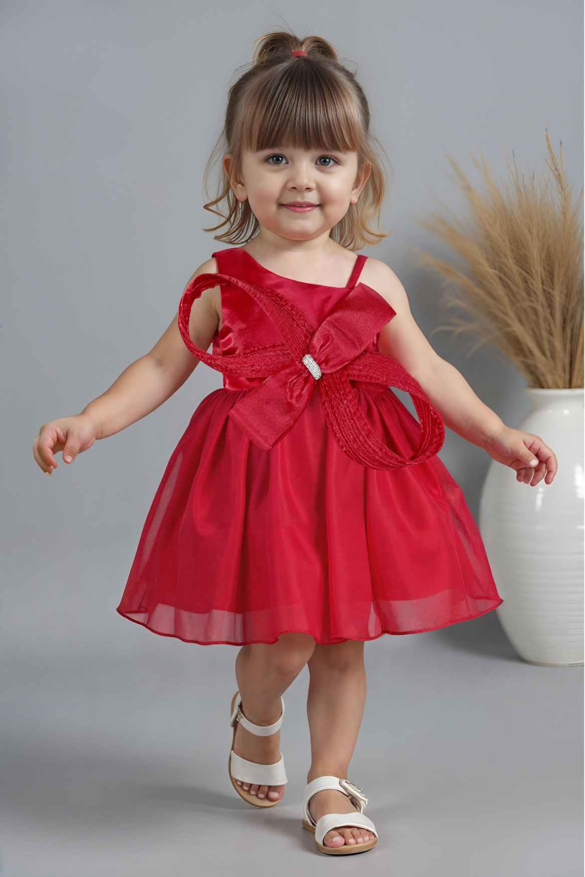 Red One-Shoulder Bow Embellished Party Dress for Girls