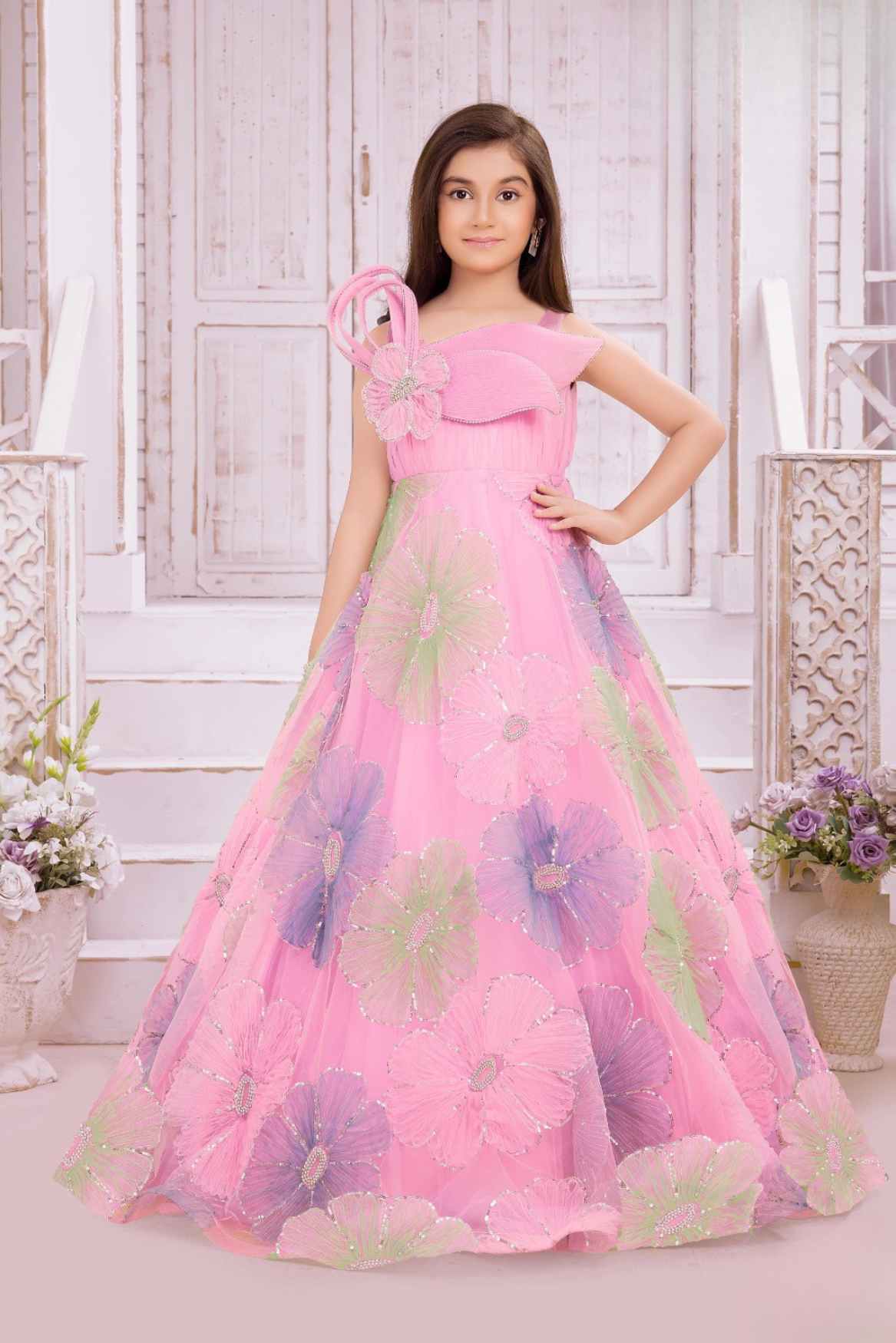 Designer Pink Sequins Work And Floral Embellished Party Wear Gown For Girls