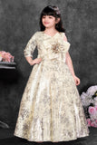 Fawn Sequin Party Wear Gown With One-Shoulder Sleeve And Statement Floral Bow For Girls
