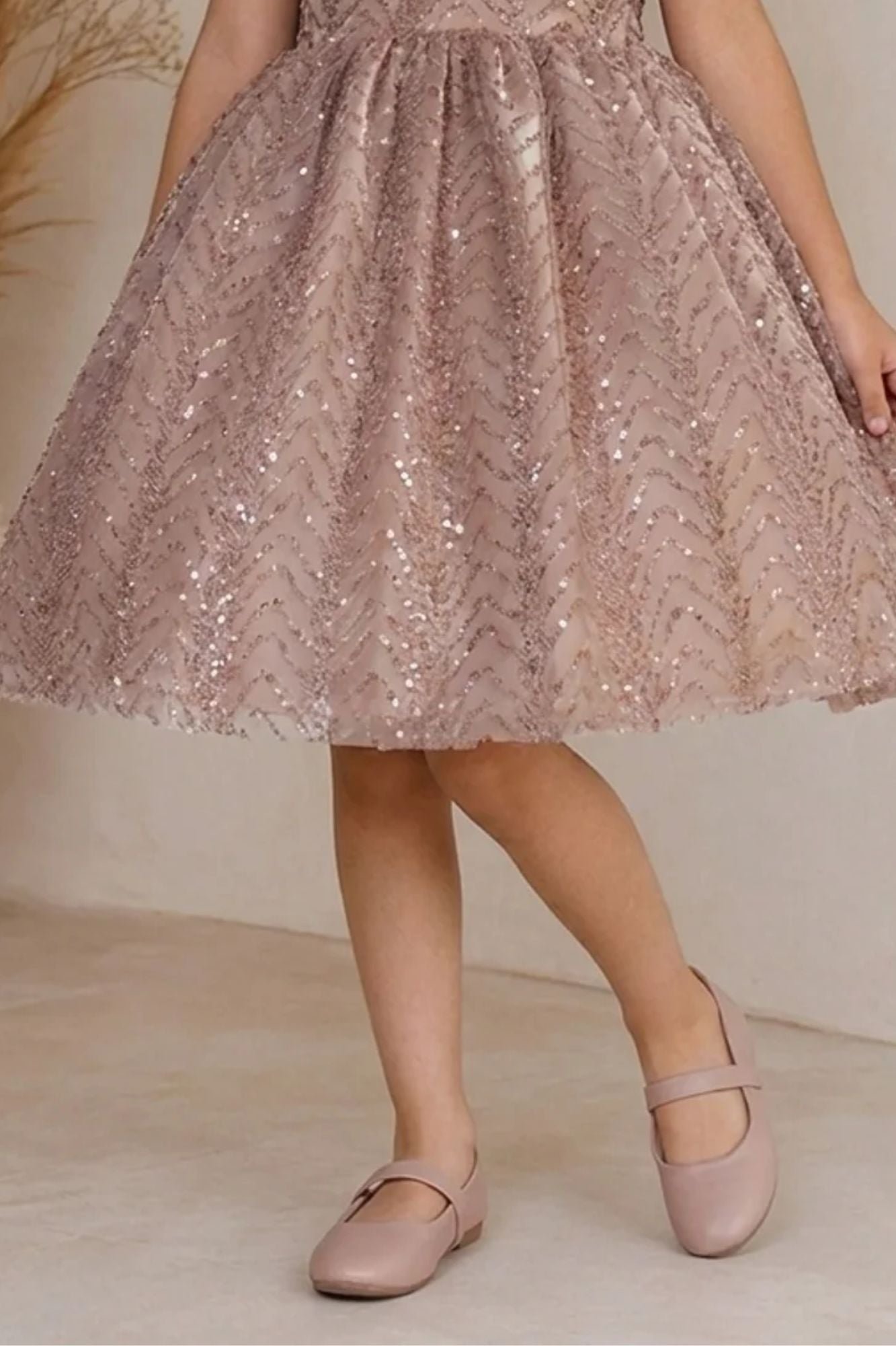 Girls Fawn Party Wear Frock with 3D Floral Bow And Sequin Detailing