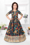 Elegant Navy Blue Floral Printed Gown For Girls - Lagorii Kids