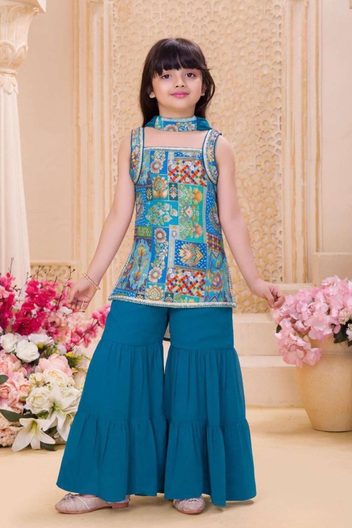 Blue Embroidered Sharara Set with Dupatta For Girls