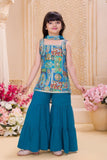 Blue Embroidered Sharara Set with Dupatta For Girls